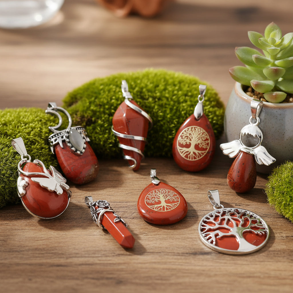 Red Jasper Tree of Life pendant necklace with chain for spiritual jewelry wear, grounding, and everyday styling.