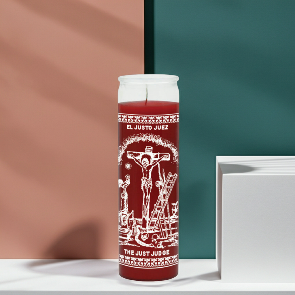 Red Just Judge 7 day devotional candle in glass jar for spiritual justice rituals, petition work, and altar use.