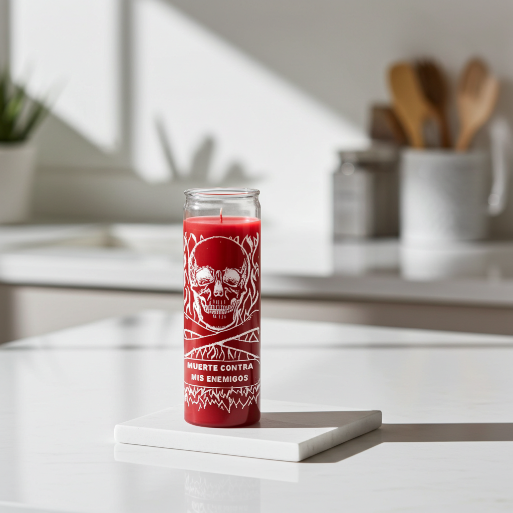 Red Protection from Enemies 7 day prayer candle in glass for enemy protection, spiritual defense, and candle ritual work.