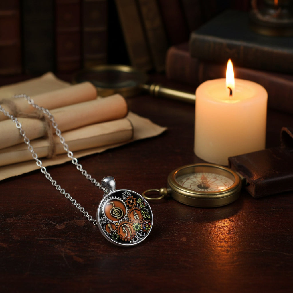 Reiki steampunk glass cabochon pendant necklace for spiritual wear, energy healing, and everyday accessory use.