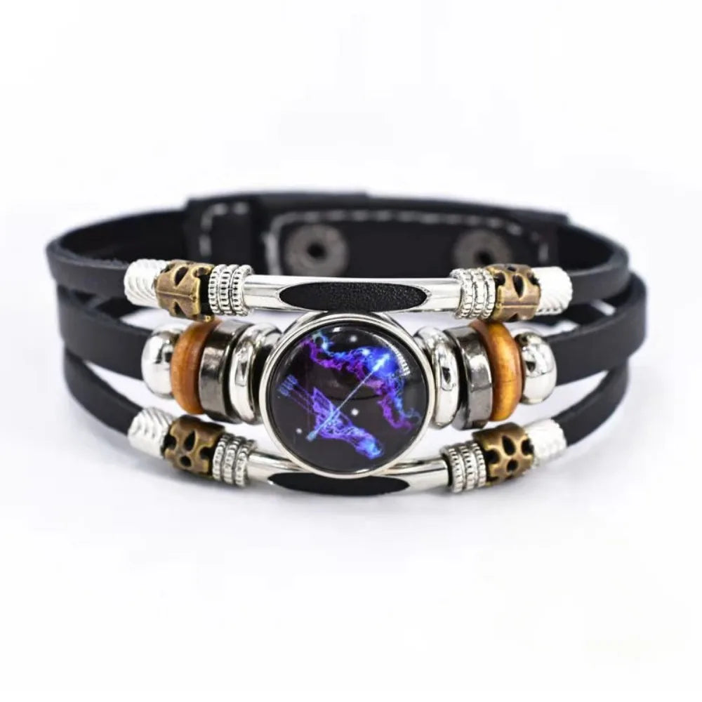 Twelve Constellations retro zodiac leather bracelet for star sign fashion, daily accessory styling, and gift giving.