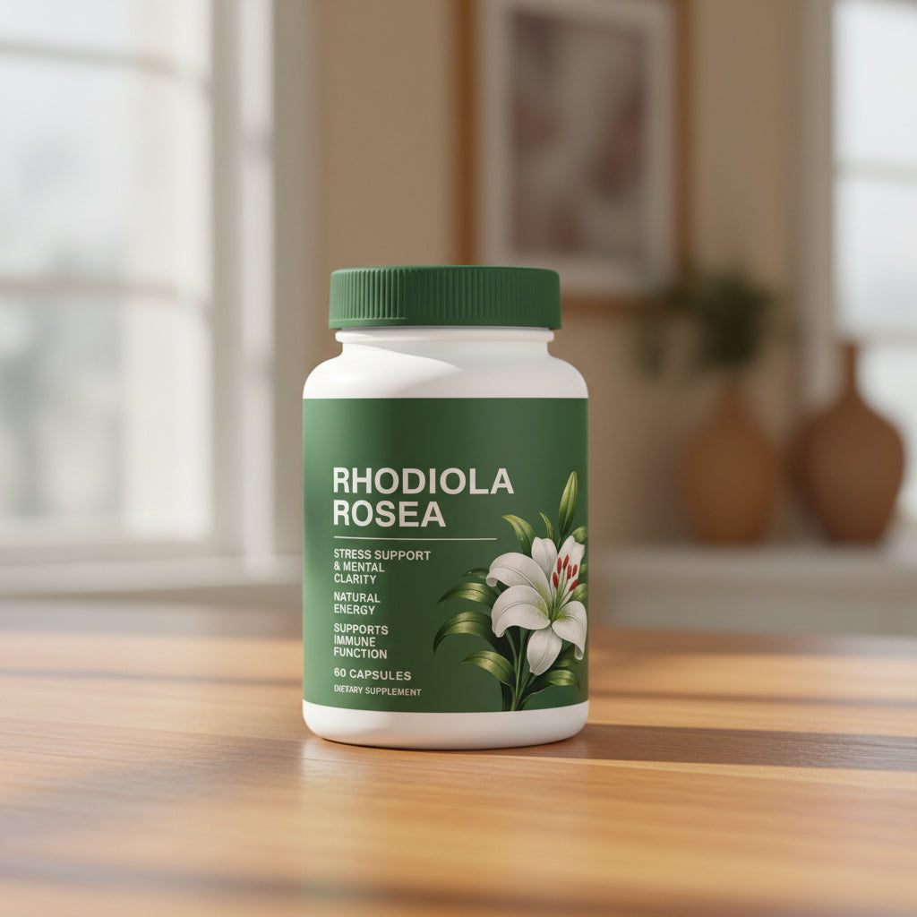 Rhodiola Rosea 60 capsules bottle natural wellness supplement for daily stress support and balanced energy routines.