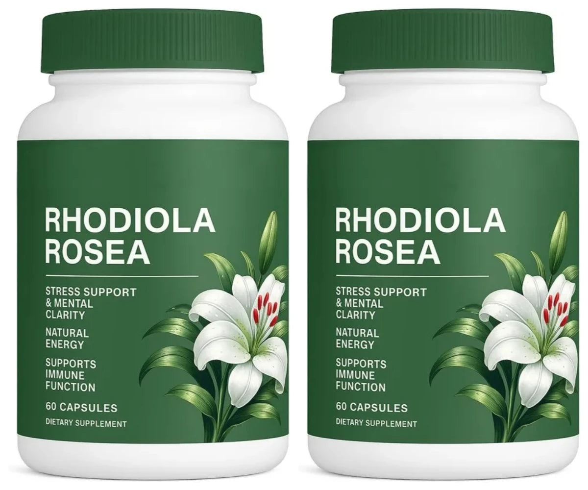 Rhodiola Rosea herbal capsules bottle 500mg supplement for energy balance, daily support, and stress relief routines.
