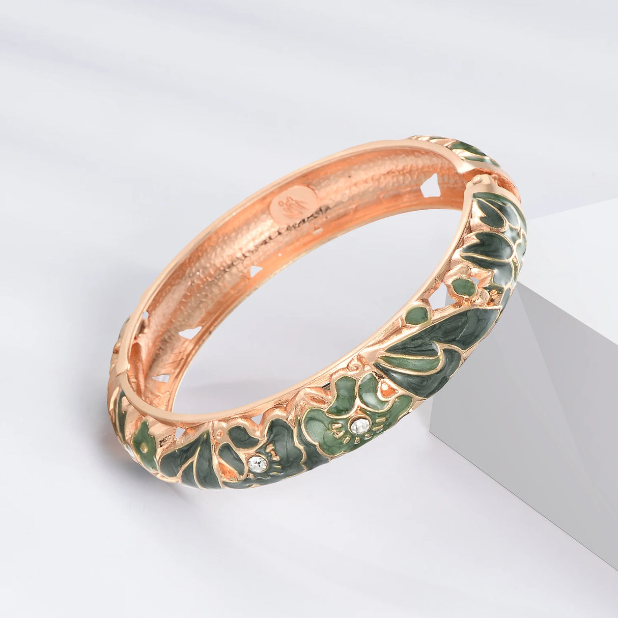 Rose gold enamel stackable boho bangle bracelet for wrist layering, everyday fashion use, and coordinated jewelry styling.