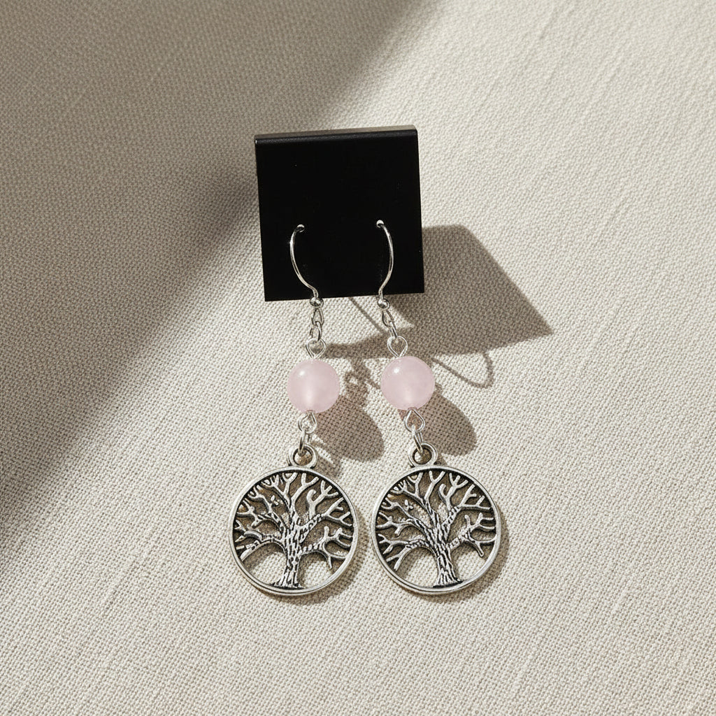Rose quartz Tree of Life earrings for symbolic jewelry, everyday wear, and gift giving.