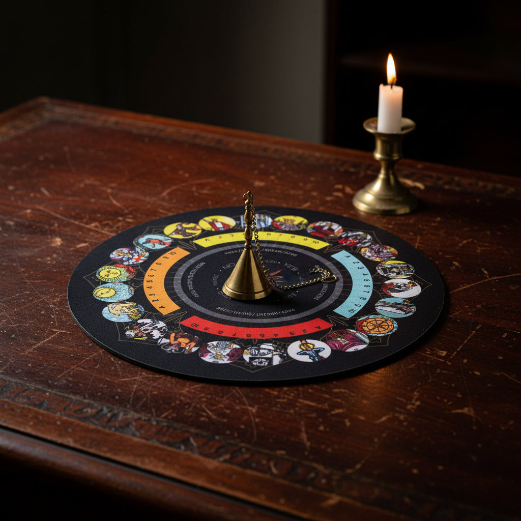Round divination pendulum mat cloth for dowsing, spiritual guidance, and pendulum reading practice.