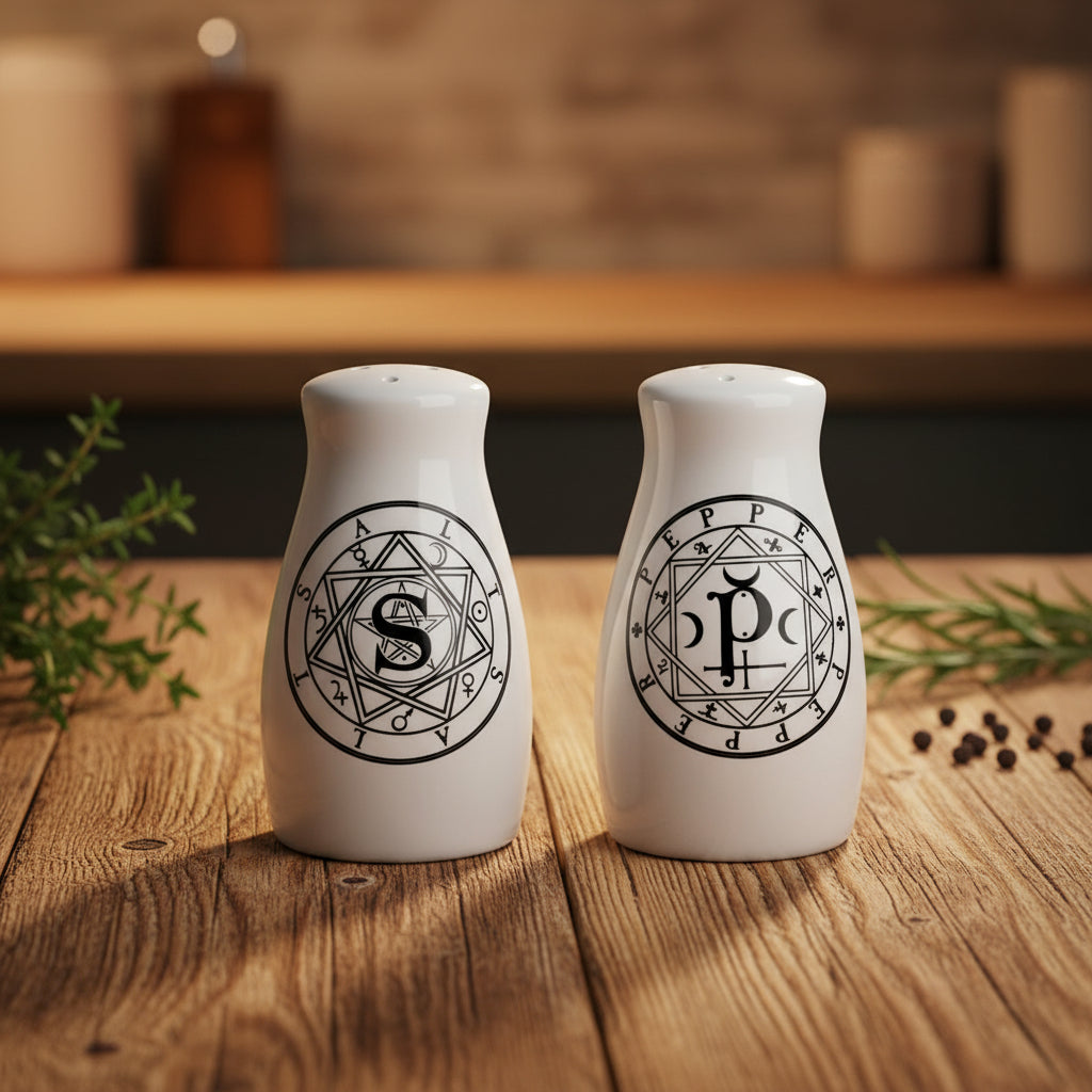 'S' and 'P' Salt & Pepper Shaker Set ceramic shakers for seasoning food at the dining table and in everyday kitchen use.