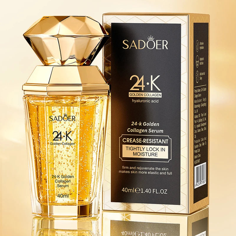 SADOER 24K Golden Collagen Serum facial serum bottle for moisturizing skin, improving hydration, and supporting anti-wrinkle face care.