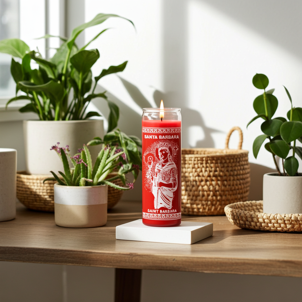 Saint Barbara red 7 day candle in glass jar for prayer, devotion, and spiritual altar use.