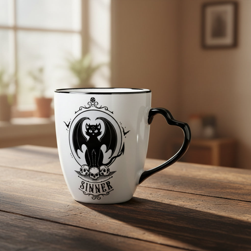 Saint/Sinner double-sided mug back view showing the Sinner side design.
