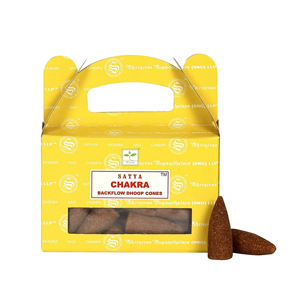 Satya Chakra Dhoop Backflow Cones with sandalwood floral fragrance for meditation.