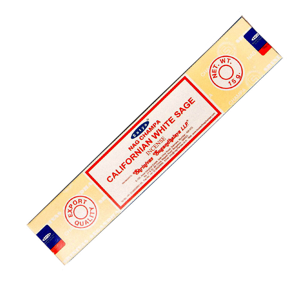 Satya Nag Champa California White Sage Incense Sticks for space cleansing, purification, and meditation.