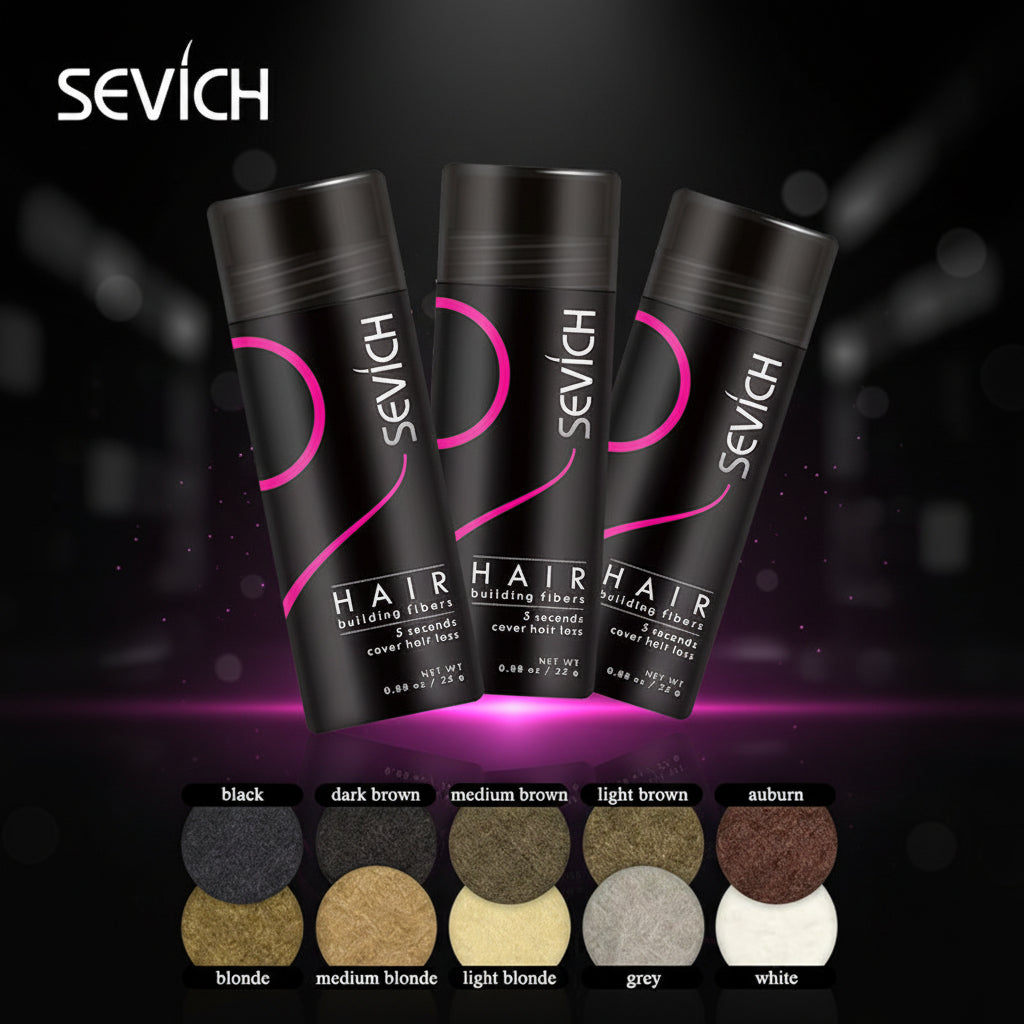 Sevich Hair Building Fibers bottle for concealing thinning hair and creating a fuller-looking hairstyle.