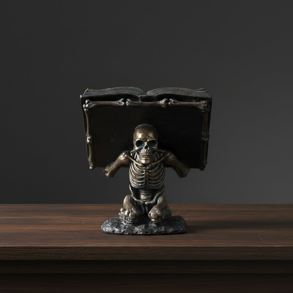 Skeleton holding spell book figurine close-up detail of sculpted design.