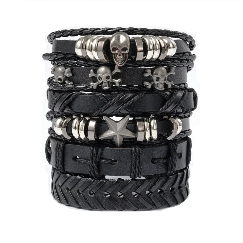 Skull and star multi-layer leather bracelet for edgy fashion styling, wrist accessorizing, and gothic streetwear outfits.