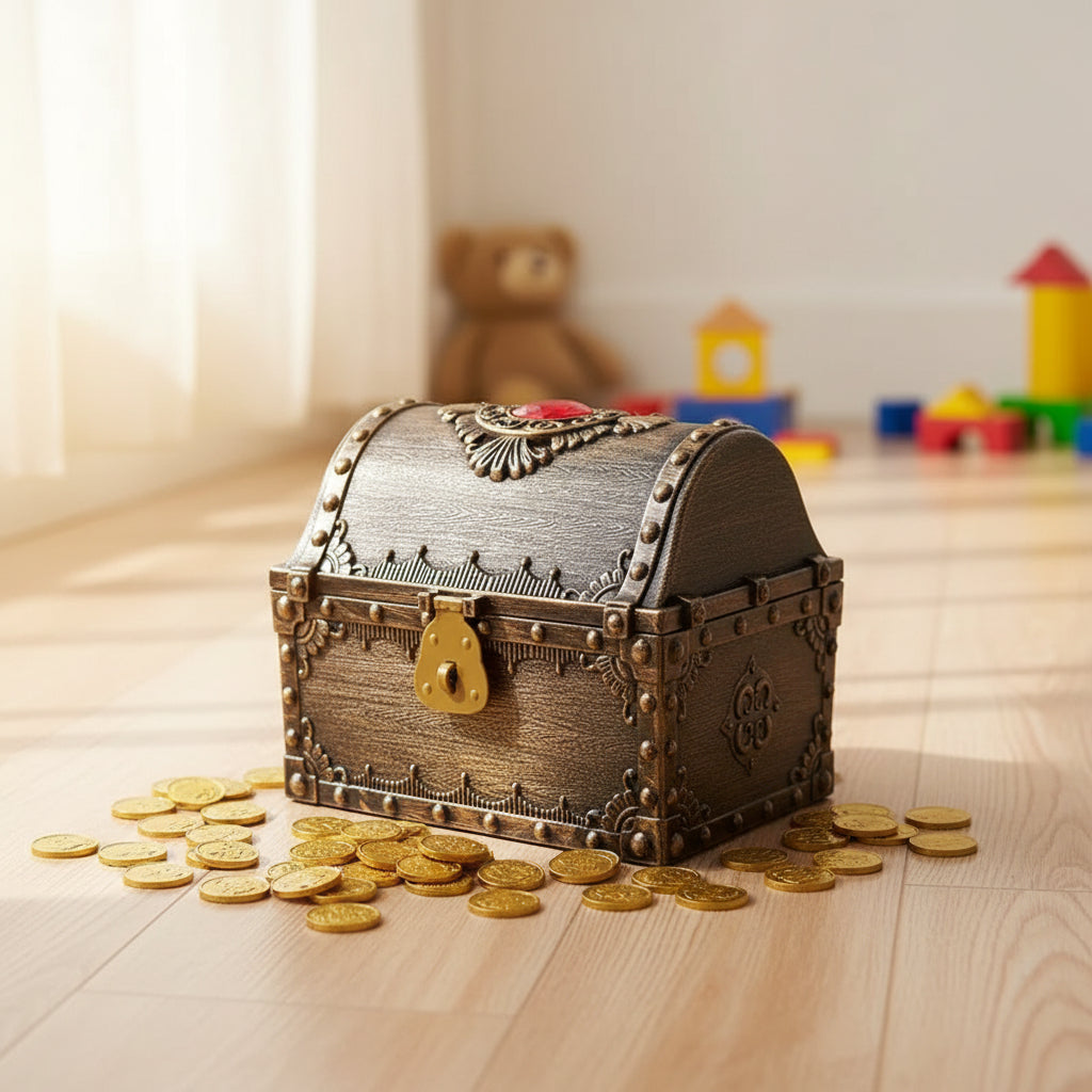 Small Pirate Treasure Box wooden keepsake chest with lock and key for storage, gifting, and pirate-themed decor.