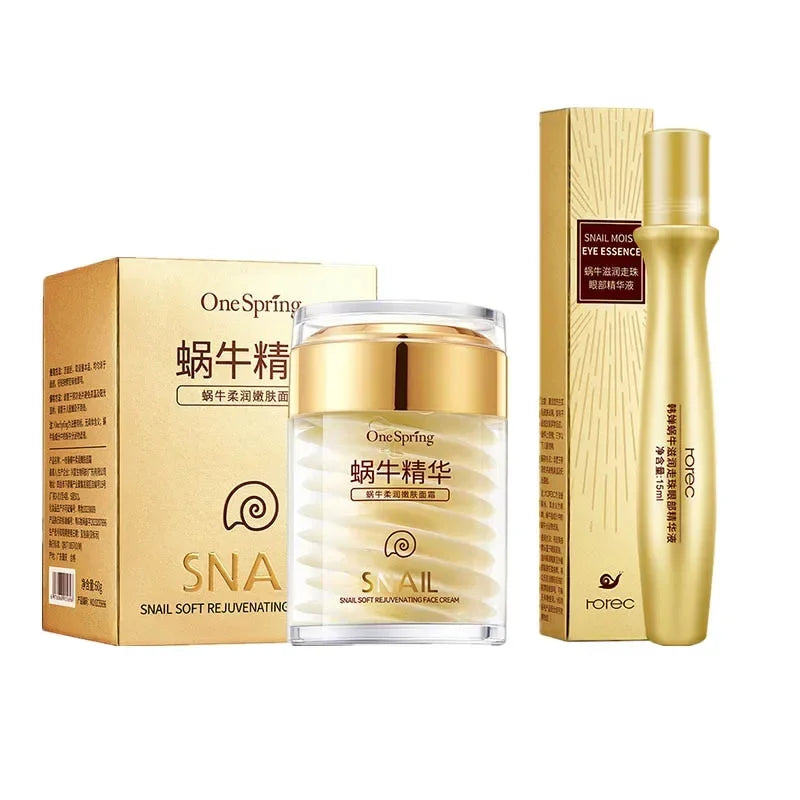 Snail collagen skincare set with face cream jar and eye serum bottle for anti-aging care, skin moisturizing, and under-eye treatment.