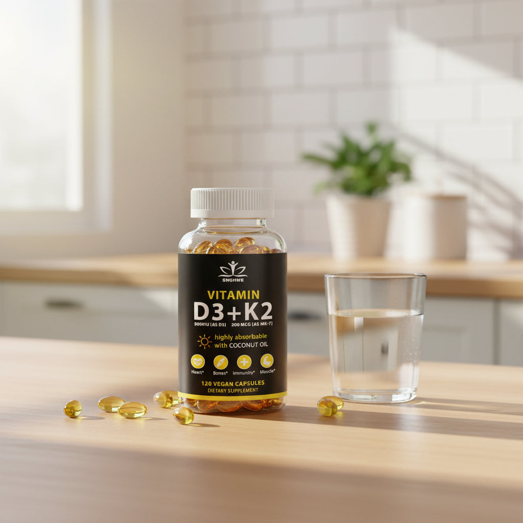 SNGHWE Vitamin D3 K2 daily capsules dietary supplement for bone health, calcium support, and everyday wellness.