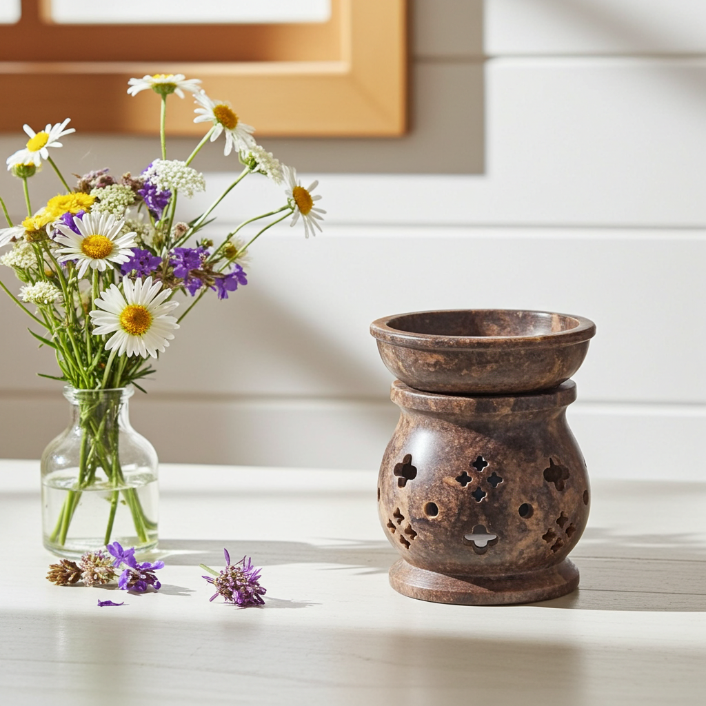 Soapstone aroma lamp oil burner for fragrance diffusion, home ambiance, and relaxation use.