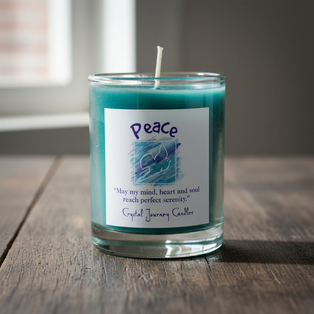 Soy herbal filled votive candle labeled Peace, used in rituals for calm and tranquility