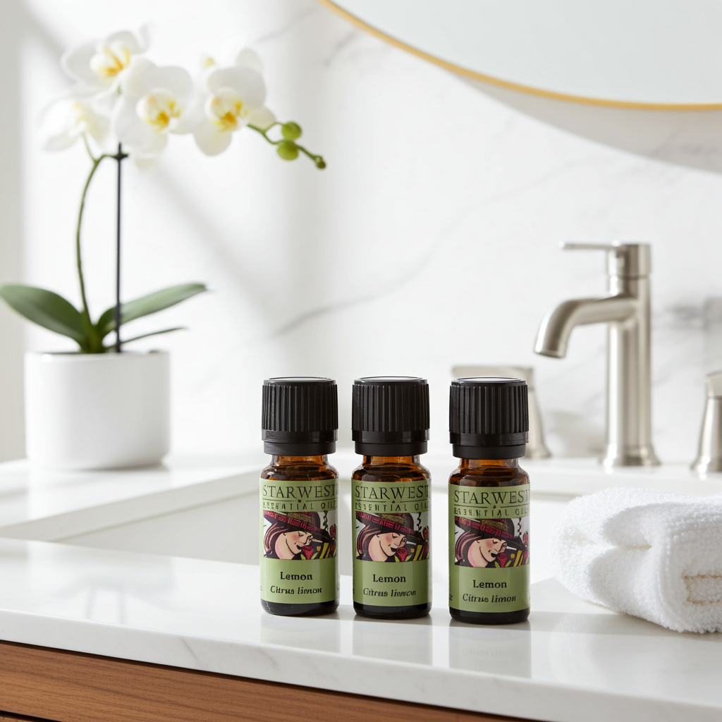 Starwest Botanicals Essential Oils Lemon bottle for diffuser blends, aromatherapy sessions, and fresh citrus scenting.