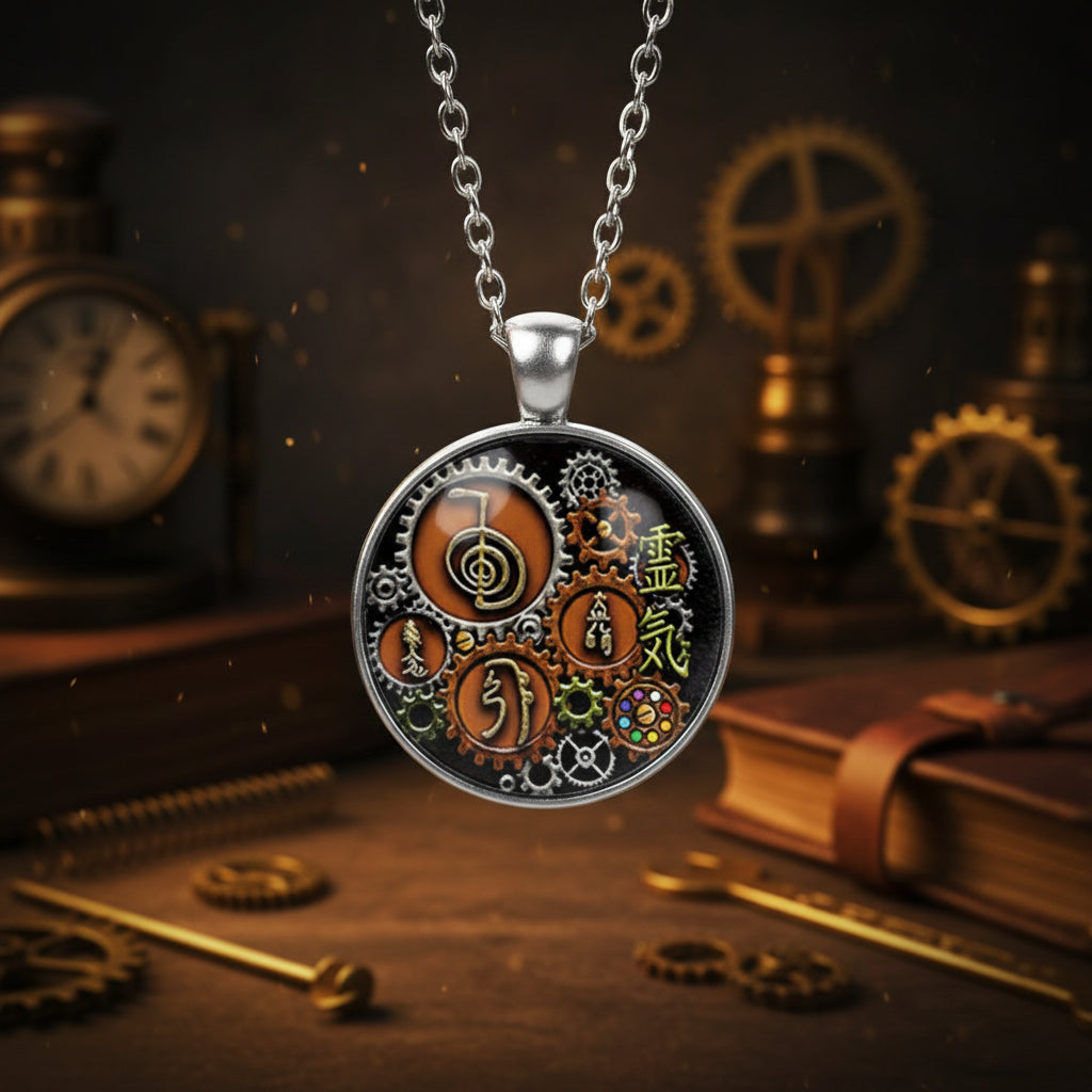 Steampunk Reiki glass cabochon pendant jewelry piece for energy healing, spiritual wear, and everyday accessory styling.