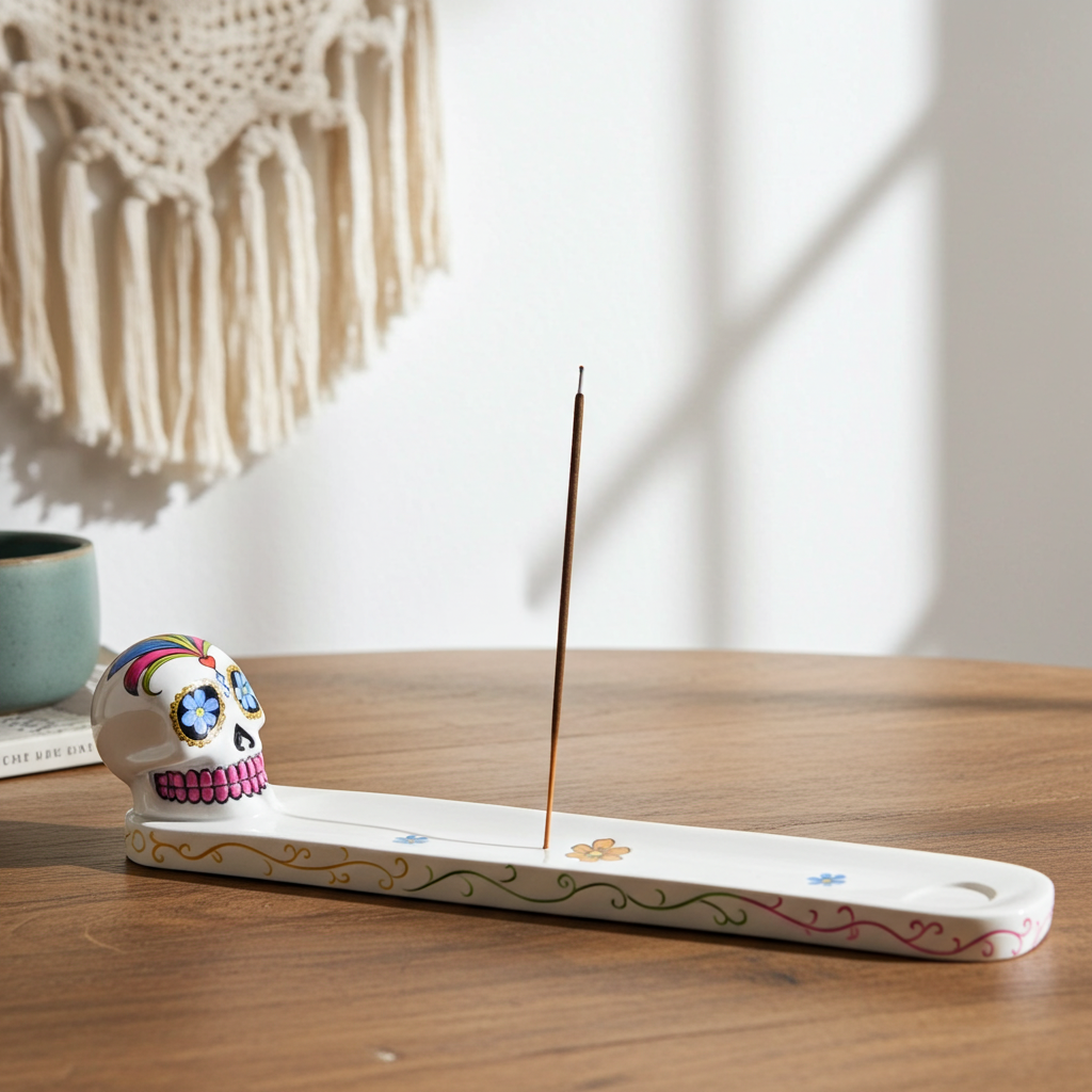 White Sugar Skull ceramic incense burner for burning incense sticks in spiritual practice, aromatherapy, and room cleansing.