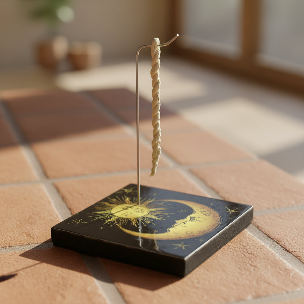 Sun and Moon Square Rope Incense Holder for rope incense, stick incense, and safe ash catching.