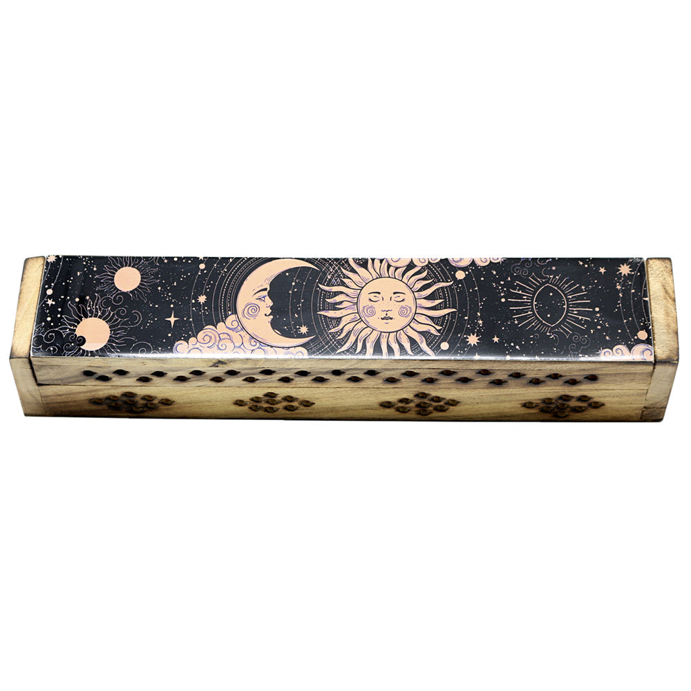 Sun and Moon Wooden Coffin Box incense burner for holding incense sticks during meditation, relaxation, and spiritual use.