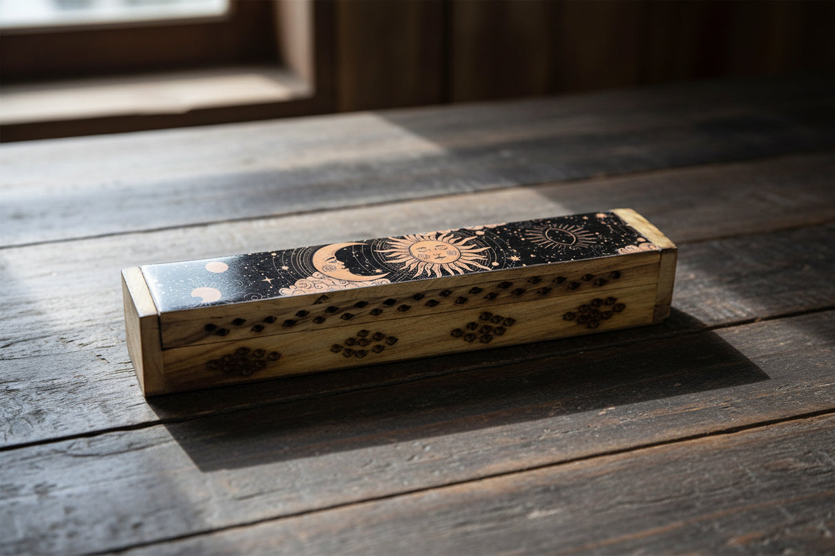Sun and Moon Wooden Coffin Box incense burner for holding incense sticks during meditation, relaxation, and spiritual use.