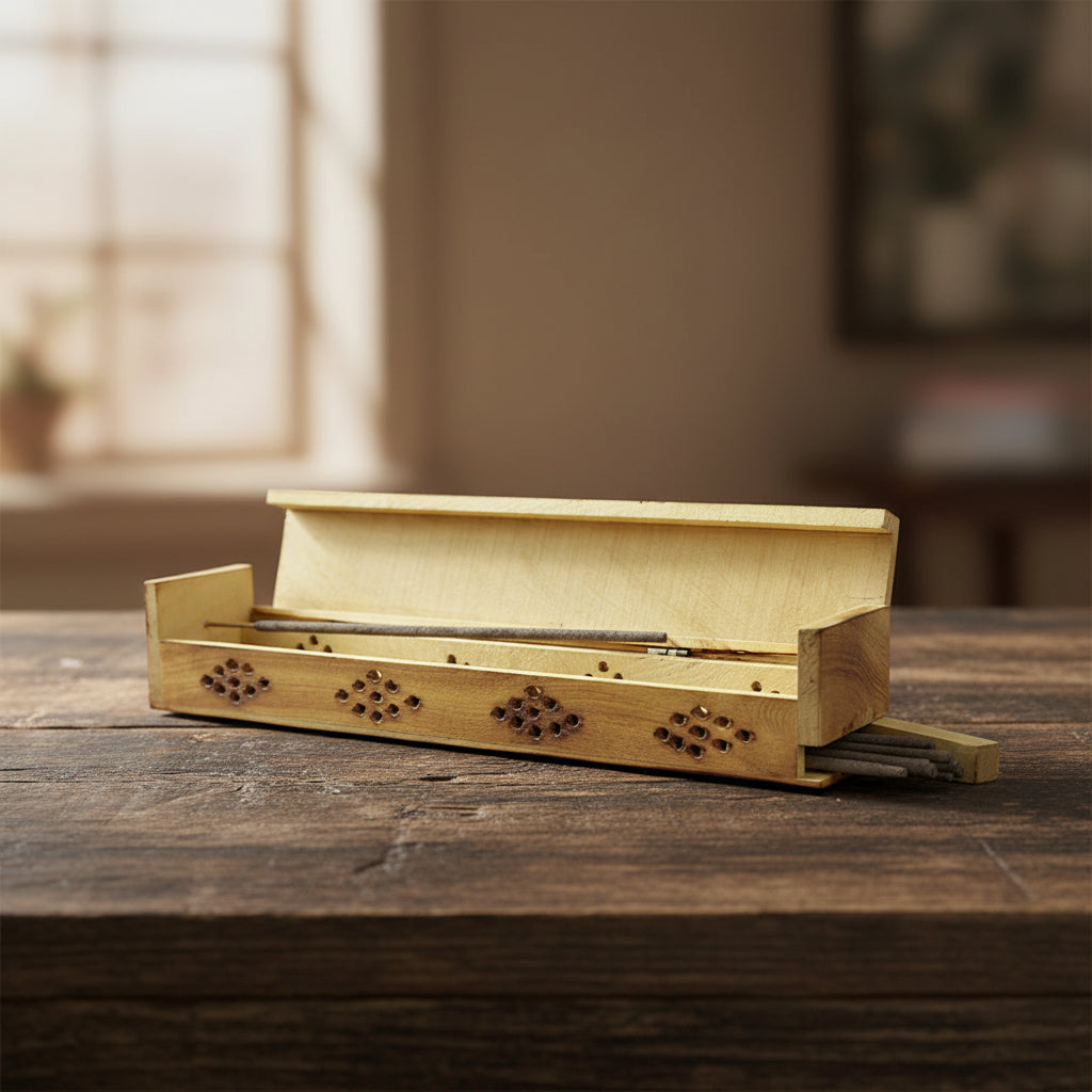 Sun and Moon Wooden Coffin Box incense holder for catching ash and burning incense sticks in ritual, meditation, and daily relaxation.
