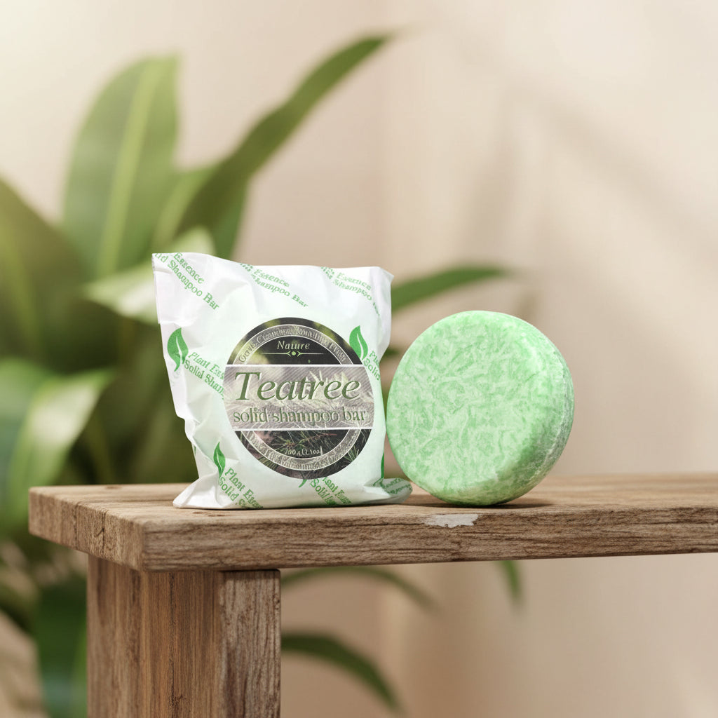 Tea Tree Essential Oil Shampoo Soap Bar 60g with eco-friendly packaging on white background.