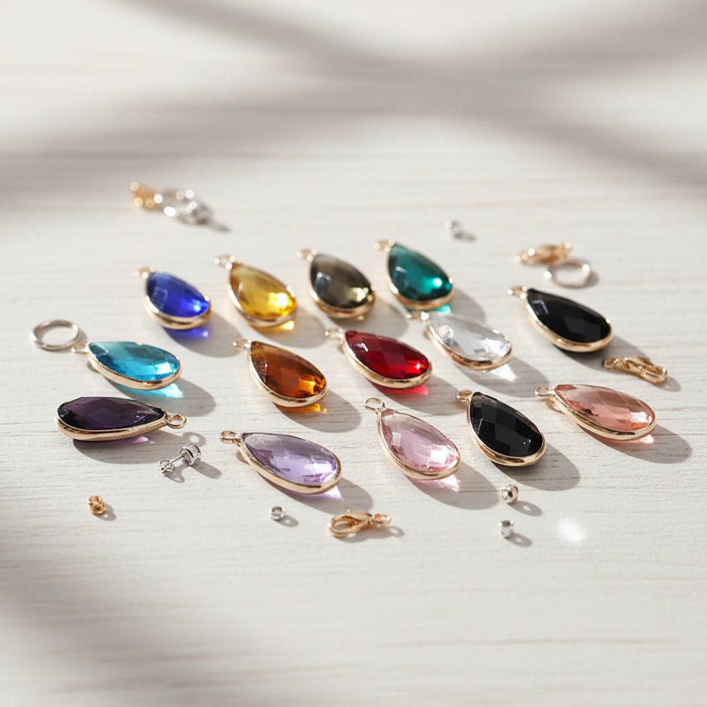 Teardrop crystal glass pendant charms for jewelry making, necklace design, and decorative craft projects.