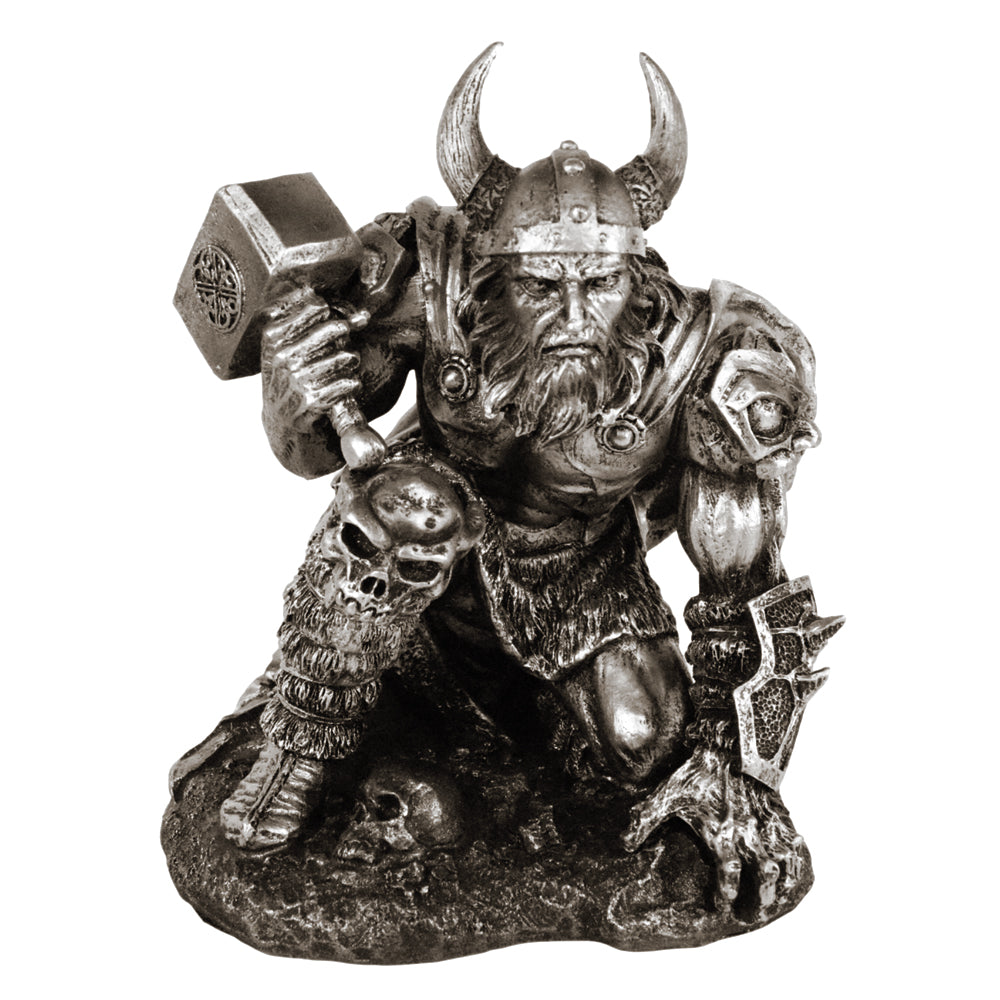 Thor God of Thunder statue wielding Mjolnir hammer for Norse mythology decor, altar display, and collector use.