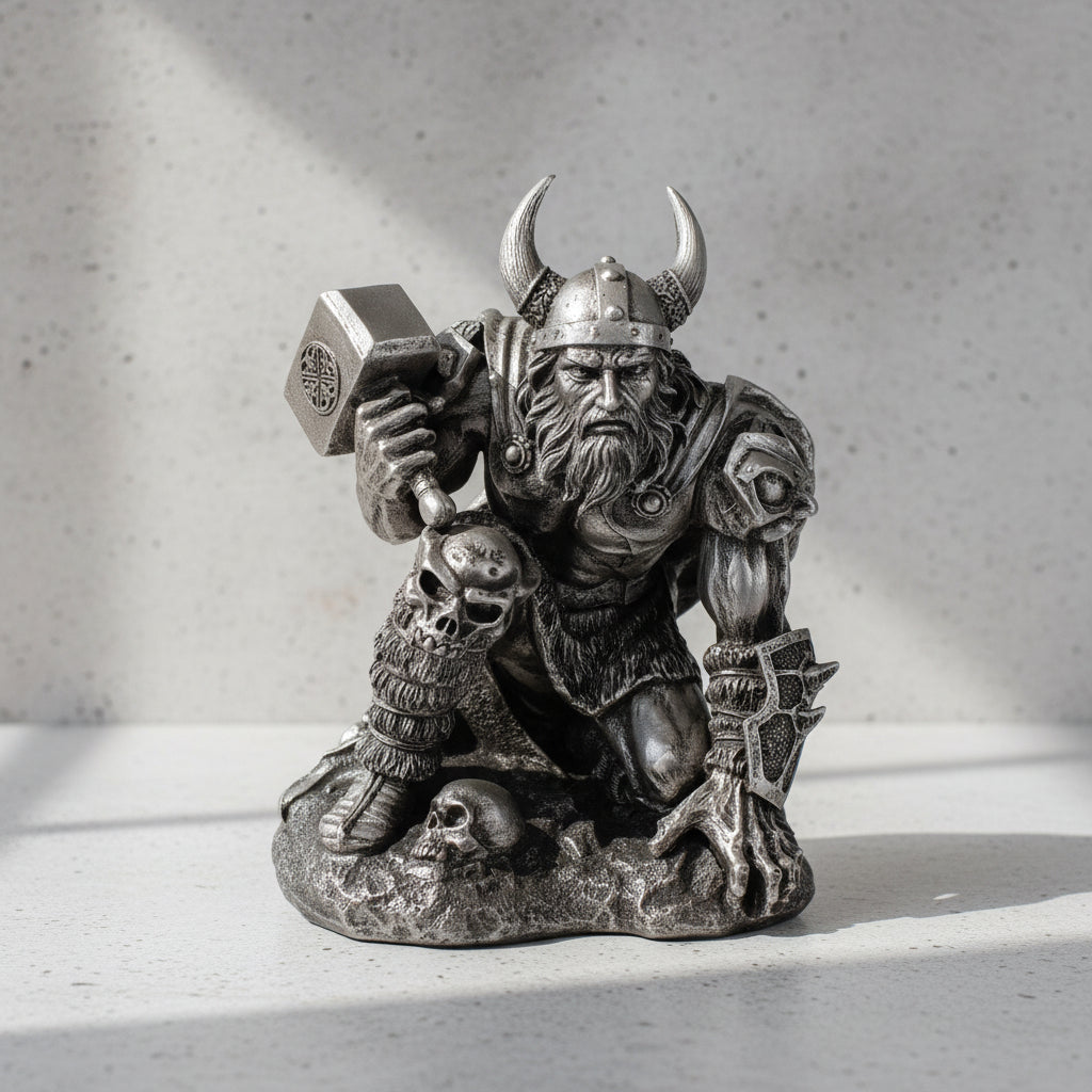 Thor God of Thunder statue wielding Mjolnir hammer for Norse mythology decor, altar display, and collector use.
