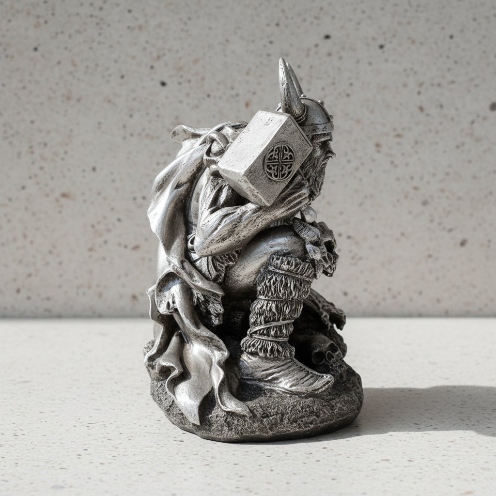 Thor wielding Mjolnir hammer figurine for Viking decor, mythological collection display, and home altar use.