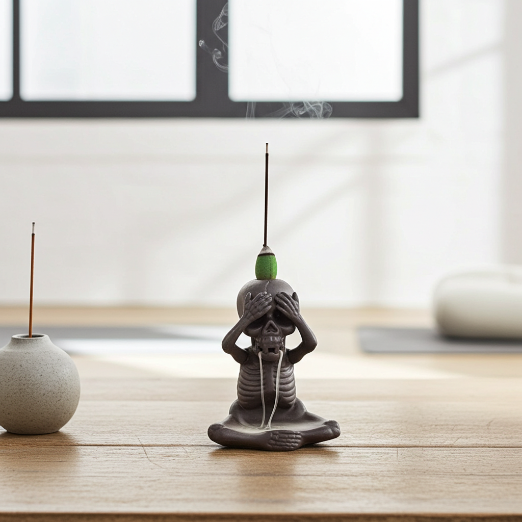 Three wise skeletons backflow incense burner for cone incense use, cascading smoke effect, and spooky room decoration.