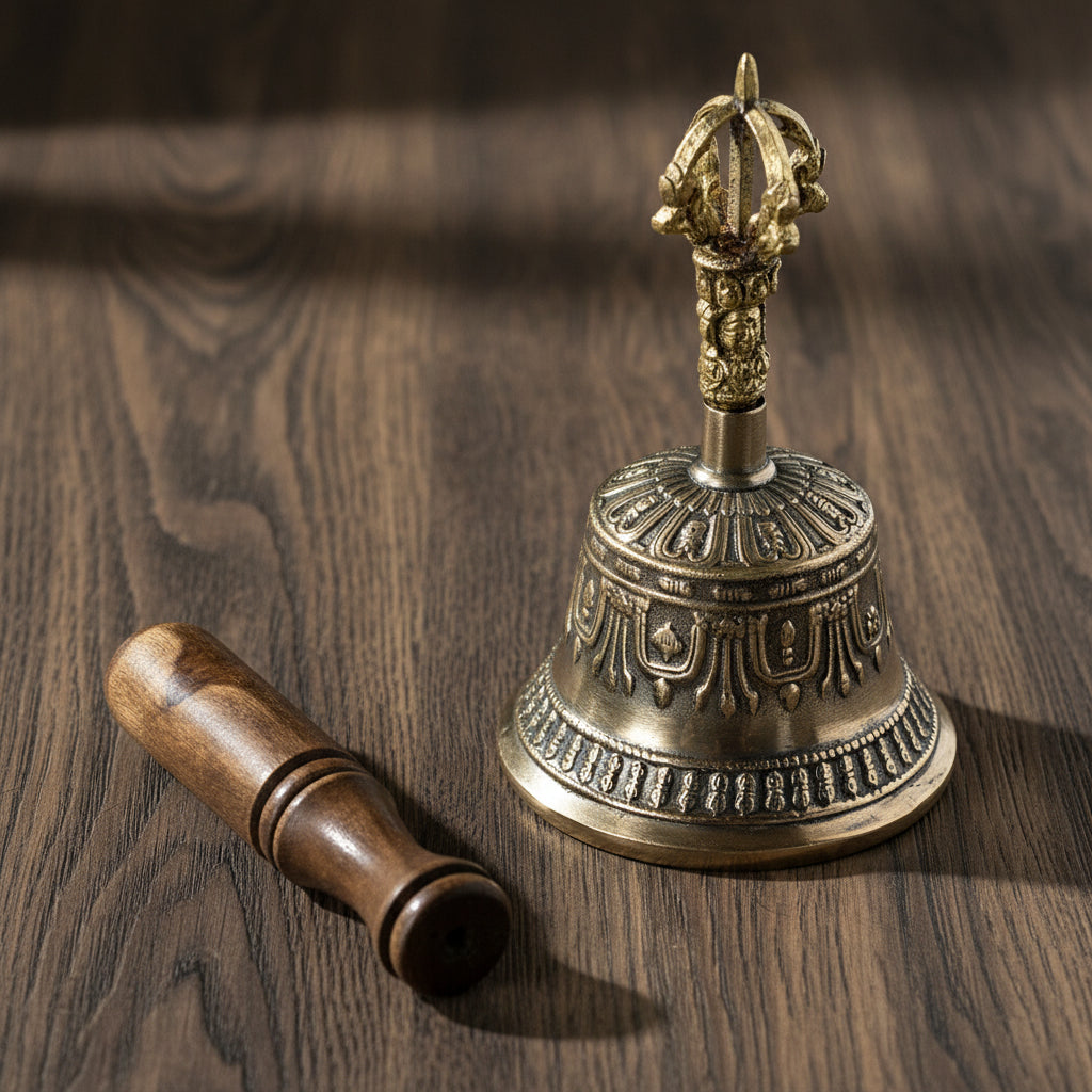 Tibetan Hand Bell with Wooden Striker for prayer rituals, meditation, and ceremonial use.