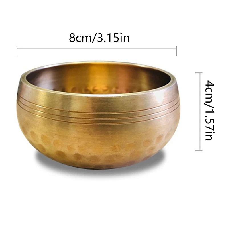 Tibetan meditation bowl set handmade in Nepal with striker and cushion for mindfulness training, yoga, and stress relief.