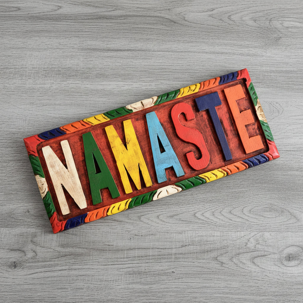 Tibetan Namaste Wooden Wall Hanging Plaque for home décor, altar display, and spiritual gifting.