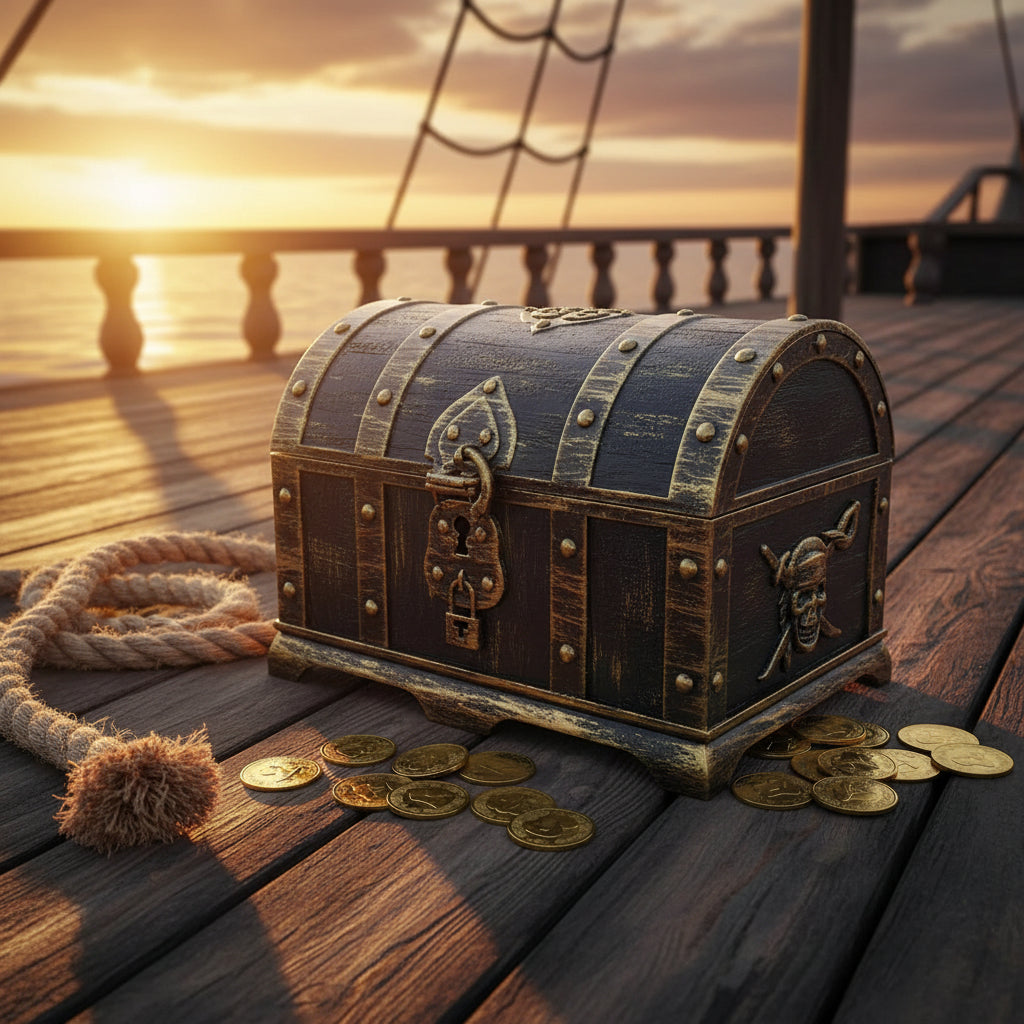Transparent Pirate Treasure Chest Keepsake Box storage container for displaying jewelry, coins, and small keepsakes.