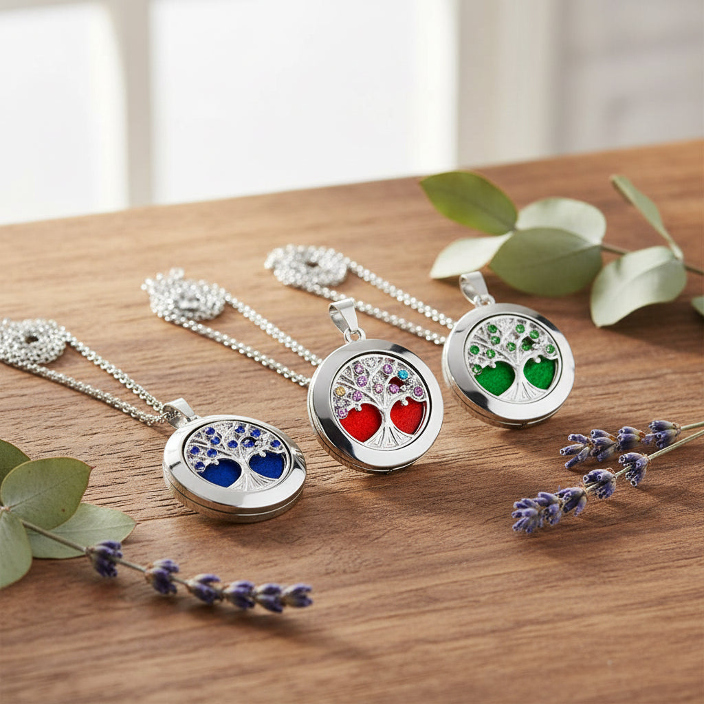 Tree of Life aromatherapy diffuser locket pendant necklace for holding essential oils and everyday wellness use.
