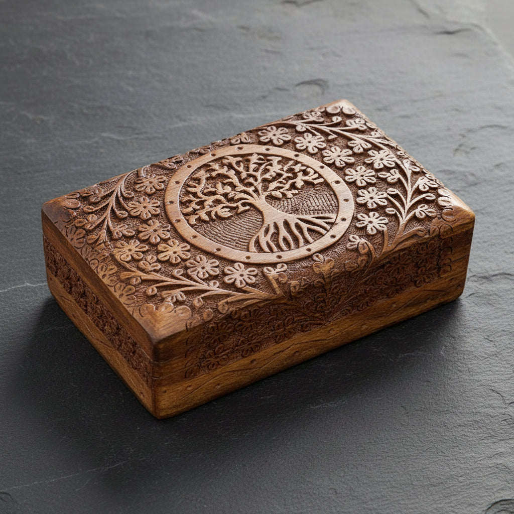 Tree Of Life carved wooden box in 4" x 6" size for storing keepsakes, jewelry, and small valuables.