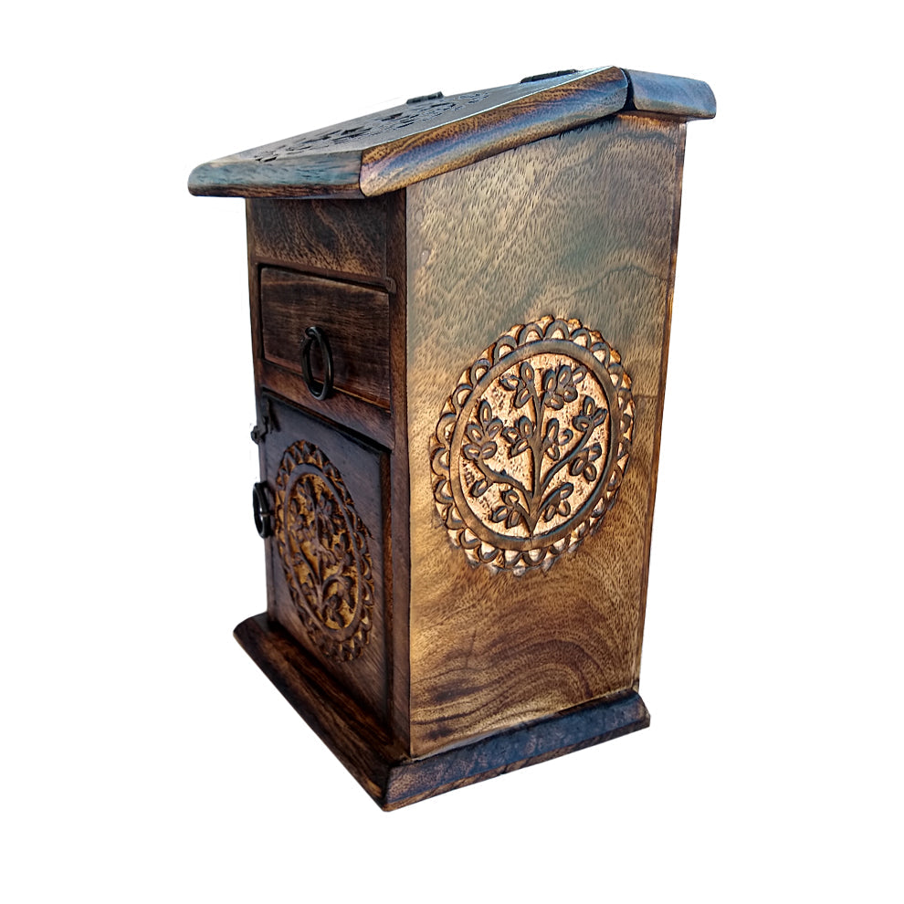 Tree of Life carved wooden herb chest interior compartments, open view