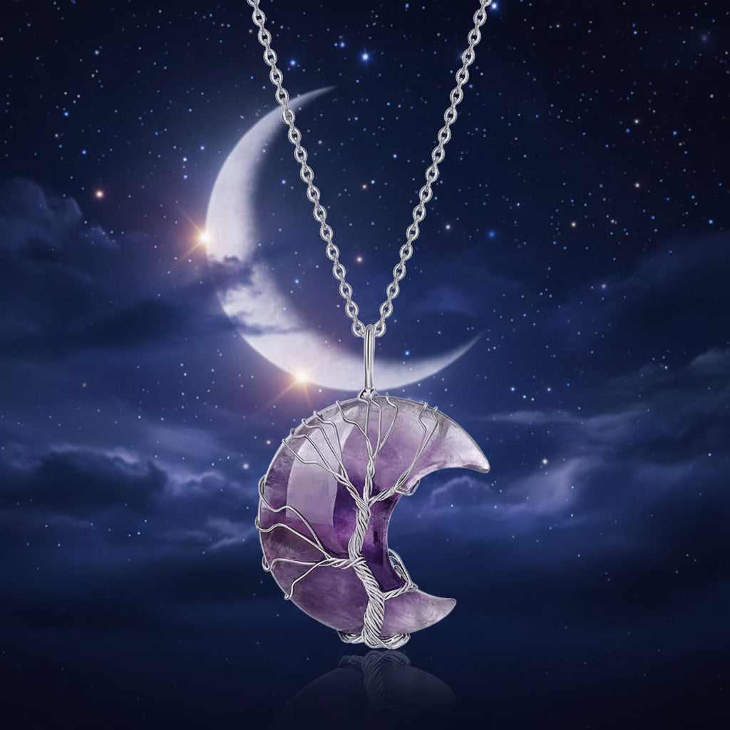 Tree of Life Crescent Moon Crystal Necklace pendant necklace for everyday wear, spiritual style, and gift giving.