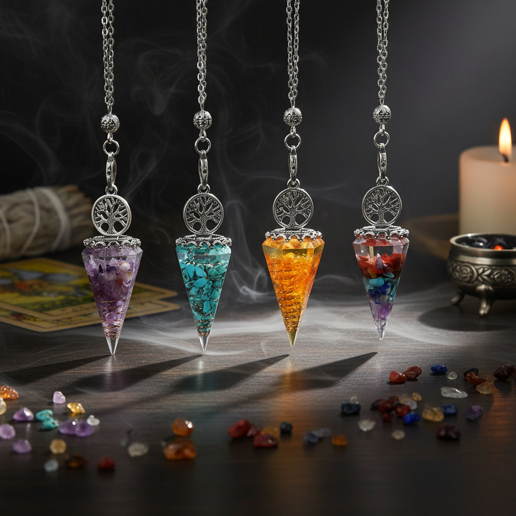 Tree of Life hexagon stone pendulum necklace with crystal pendant for spiritual divination, energy work, and everyday wear.
