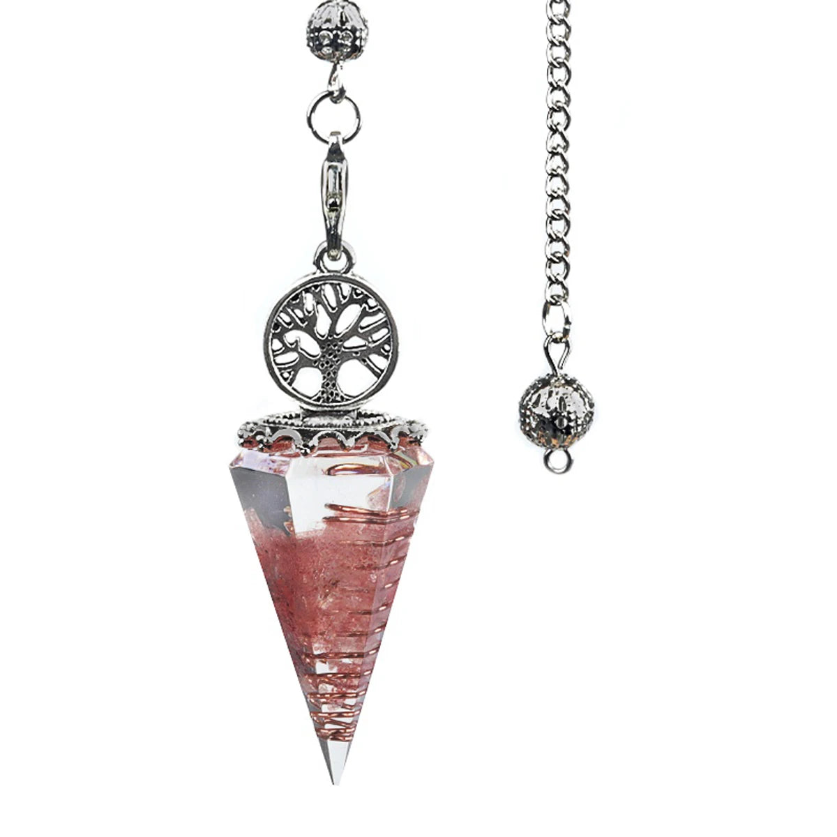 Tree of Life natural stone pendulum necklace with hexagon crystal point for meditation, intuitive readings, and bohemian jewelry use.