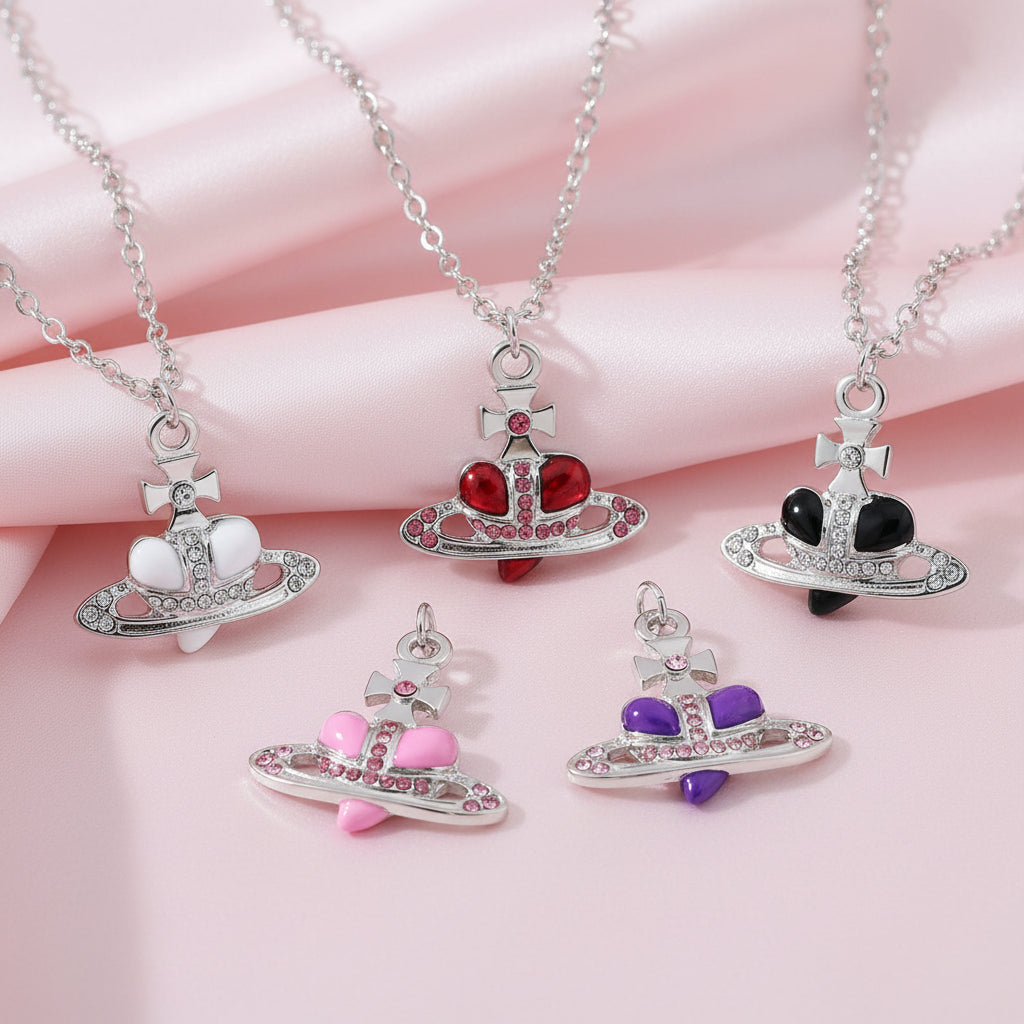 Trendy Silver Heart & Saturn Pendant necklace for everyday styling, layered fashion looks, and casual wear.