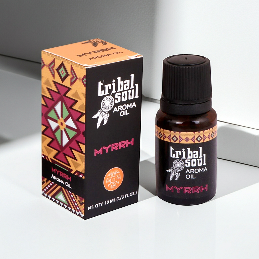 Bottle of Tribal Soul Aroma Oil Myrrh displayed for home fragrance, aromatherapy, and relaxation.
