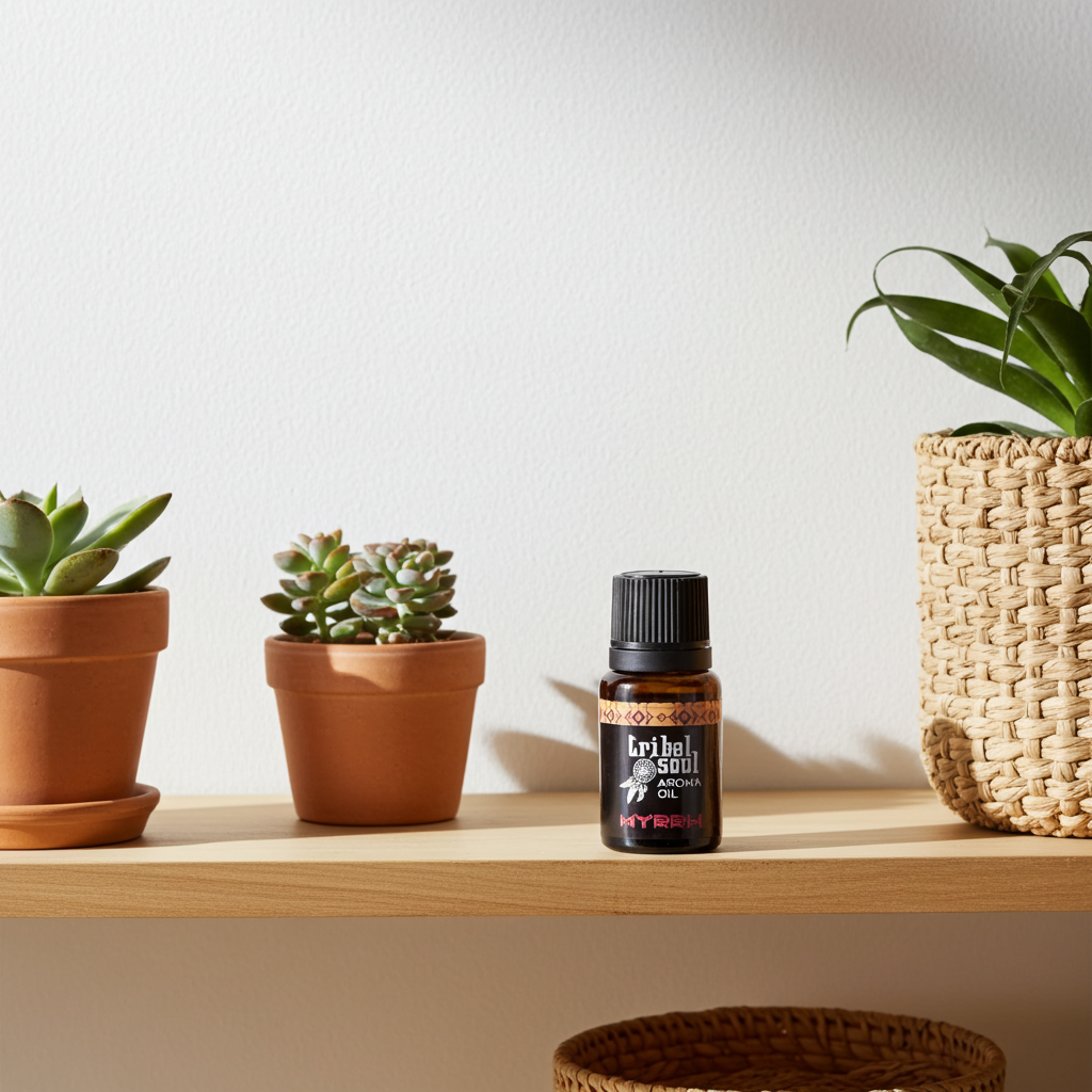 Tribal Soul aroma oil with Myrrh displayed for soothing scent and relaxation.